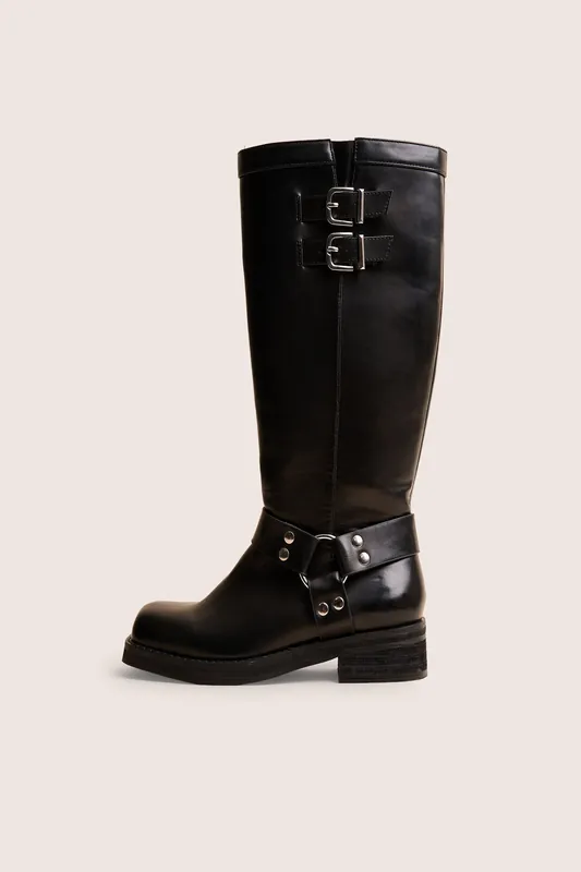 Sirius Black Vintage Buckle Knee Hight Flat Boots - Public Desire
