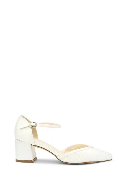 Satin and Lace 'Charla' Mid Block Heel Court Shoes - Paradox London