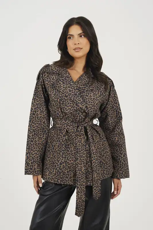 Leopard Double Breasted Short Mac with Self Tie Belt - Brave Soul