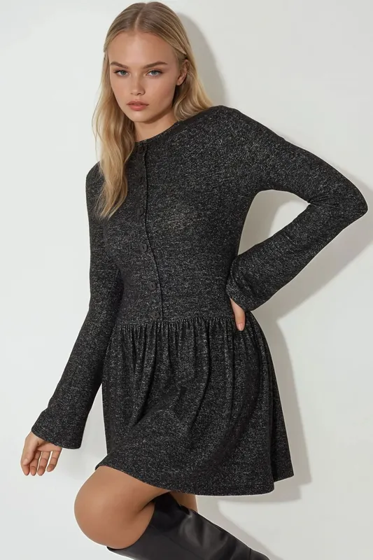 Crew Neck Long Sleeve Skater Mini Dress with Button Detail - Hiccup