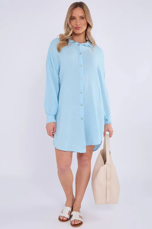 Blue Cotton Textured Oversized Long Shirt - Gini London