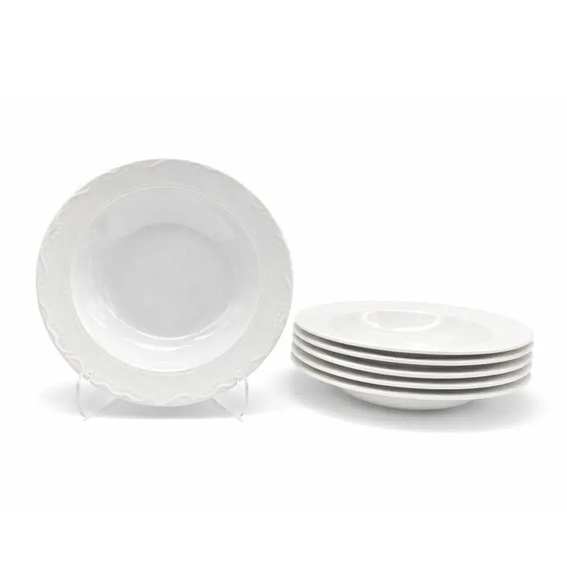 Soup Bowl Pasta Plate 4pc Set Porcelain White Embossed Floral Dot Rim - Glim & Glam
