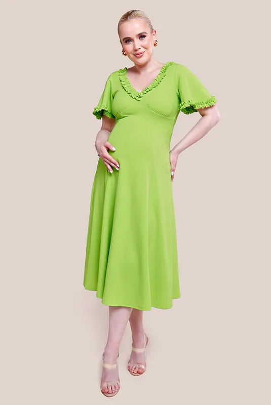 Maternity Flare Sleeve Frill Edge Midi Dress - Goddiva