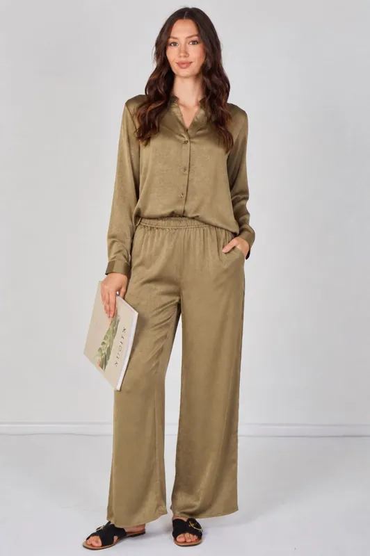 Olive Satin Shirt and Straight Leg Trousers Co-Ord Set