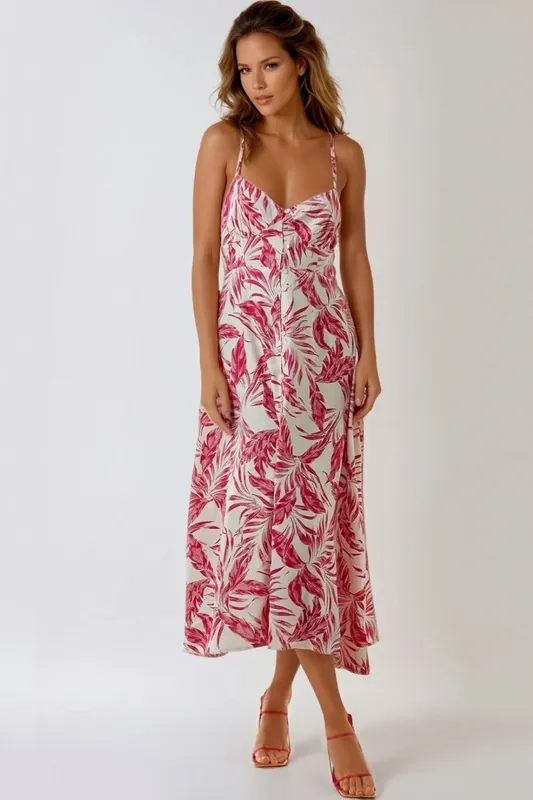 Leaf Print Lace Up Back Midi Dress - Aftershock London