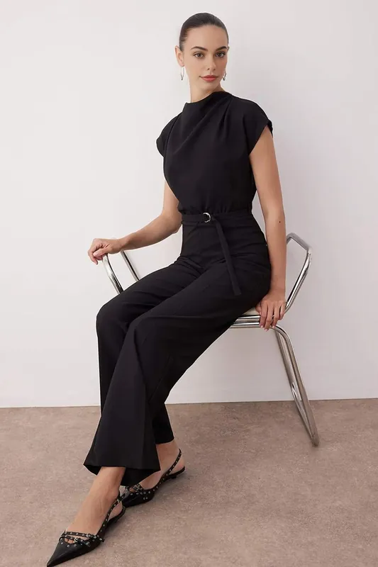 Wide-Leg Jumpsuit with Cowl Neck and Belted Waist