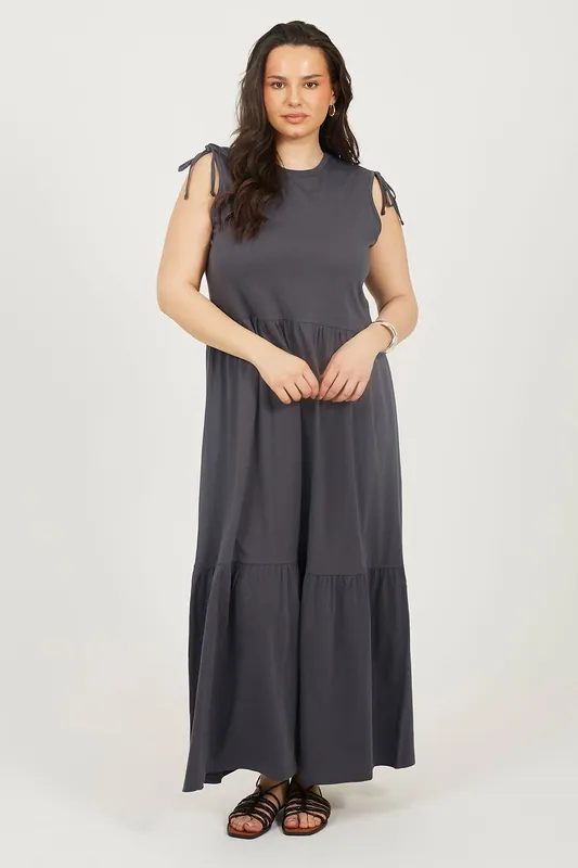 Curve Cotton Ruched Shoulder Tiered Maxi Dress - Brave Soul