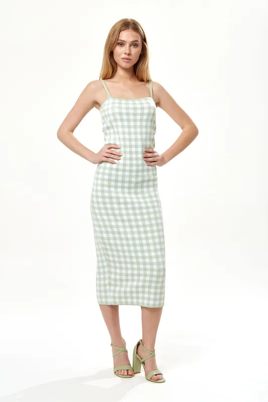 Knitted Dress in Green and White Check - Liquorish