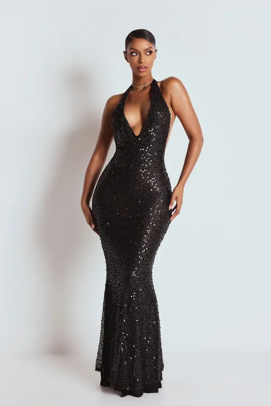 The Josette Sequin Maxi Dress Black - LEMONLUNAR