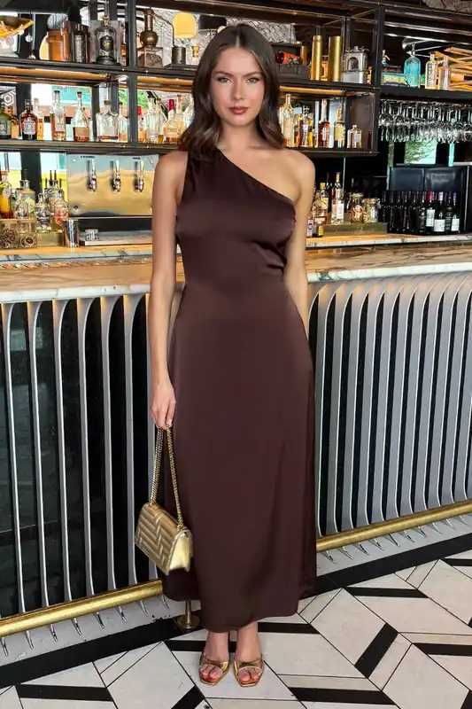 Chocolate One Shoulder Open Back Twist Detail Midi Dress - AX Paris