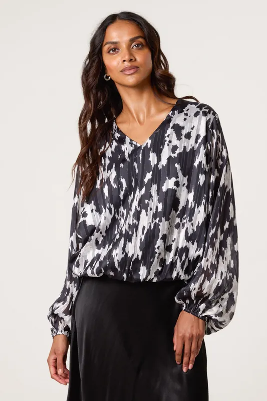 Black Metallic V Neck Bubble Hem Blouse - Blue Vanilla