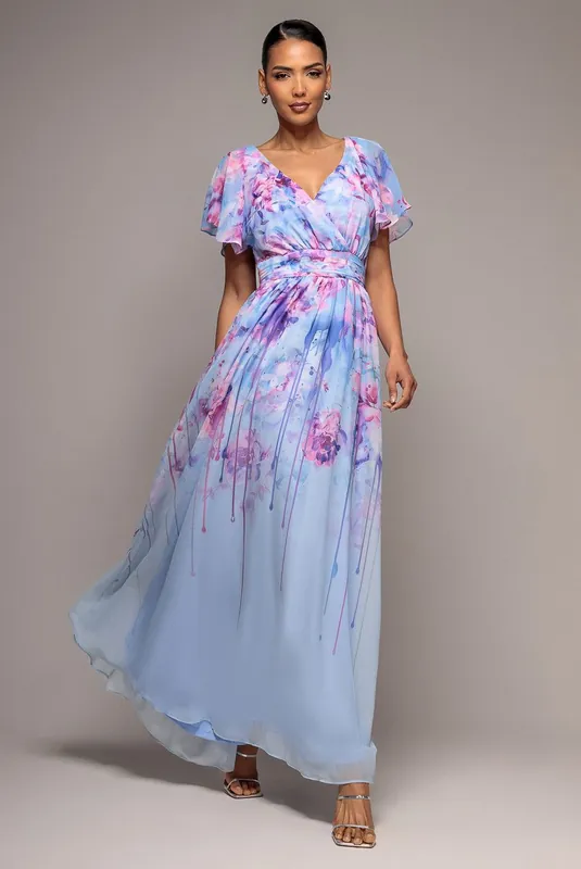 Printed Silky Chiffon Flutter Sleeve Maxi Dress - Goddiva
