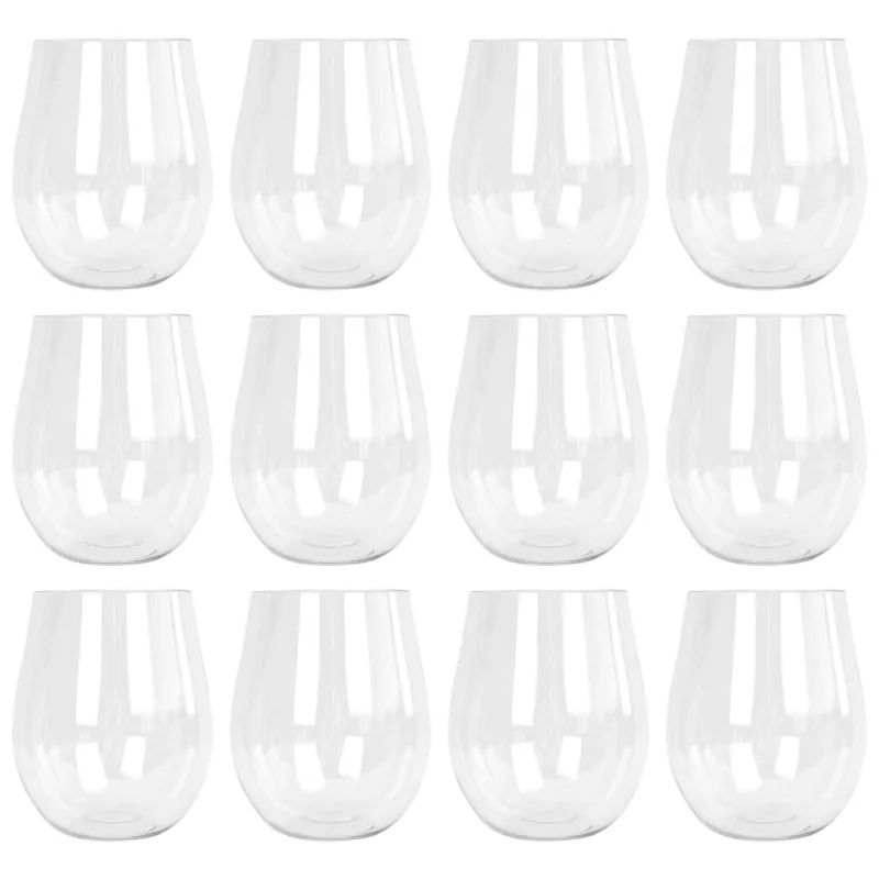 600ml Plastic Wine Glasses - Set of 12 - Reusable Stemless Drinking Cups
