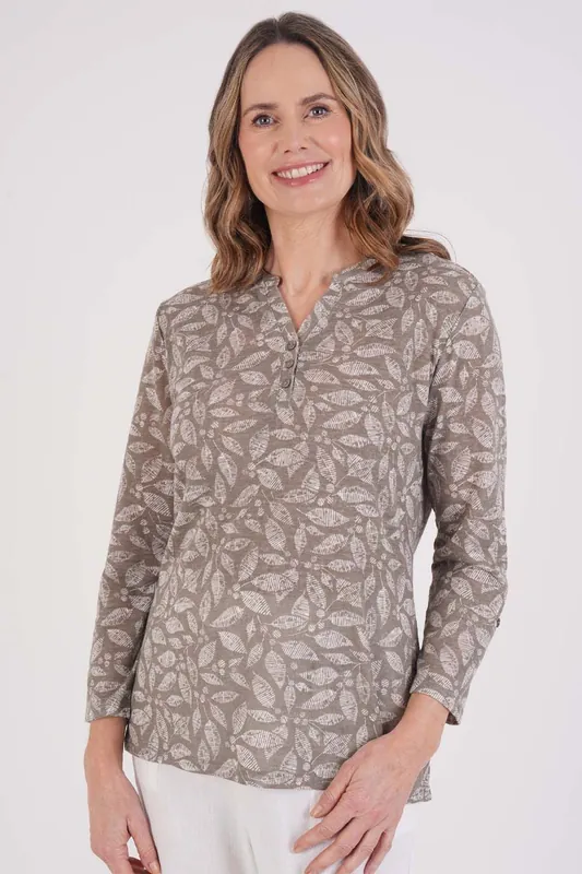 Etched Leaf Notch Neck Top - Tigi