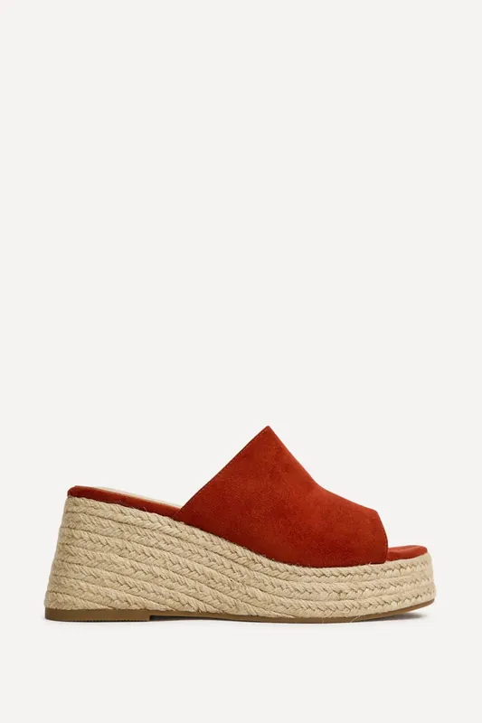 Espresso Rust Faux Suede Espadrille Mule Wedges - Linzi