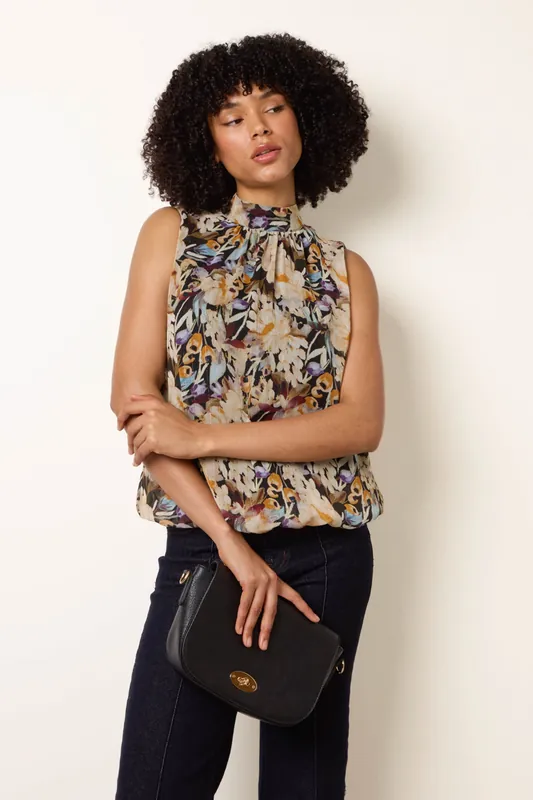 Black Sleeveless Watercolour Puff Hem Blouse - Blue Vanilla