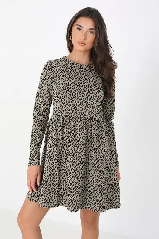 Cotton Animal Print Long Sleeve Mini Smock Dress - Brave Soul