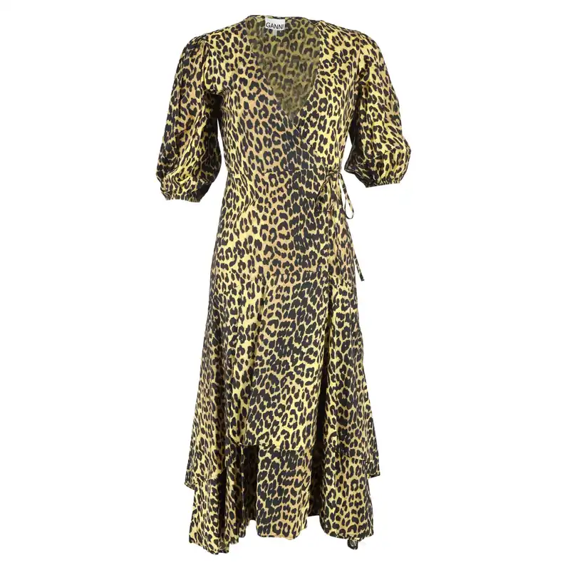 Preloved Leopard Print Midi Wrap Dress in Brown Cotton - Ganni