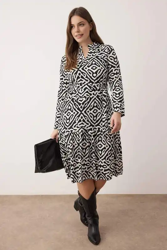 Geo Print Belted Midi Dress with Long Sleeves - WOVCOR