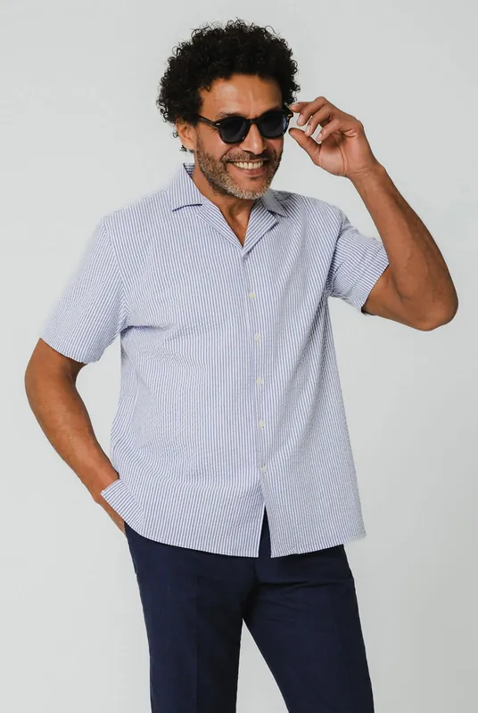 Blue & White Seersucker Cuban Collar Shirt - Dobell
