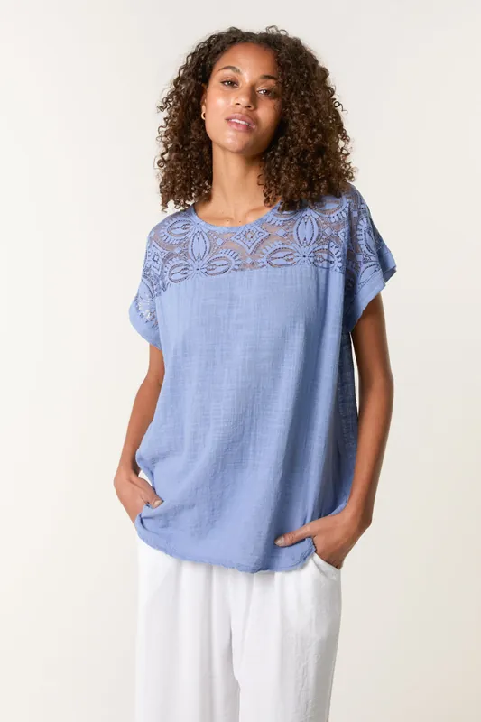 Blue Lace Pattern Cotton Top - Blue Vanilla