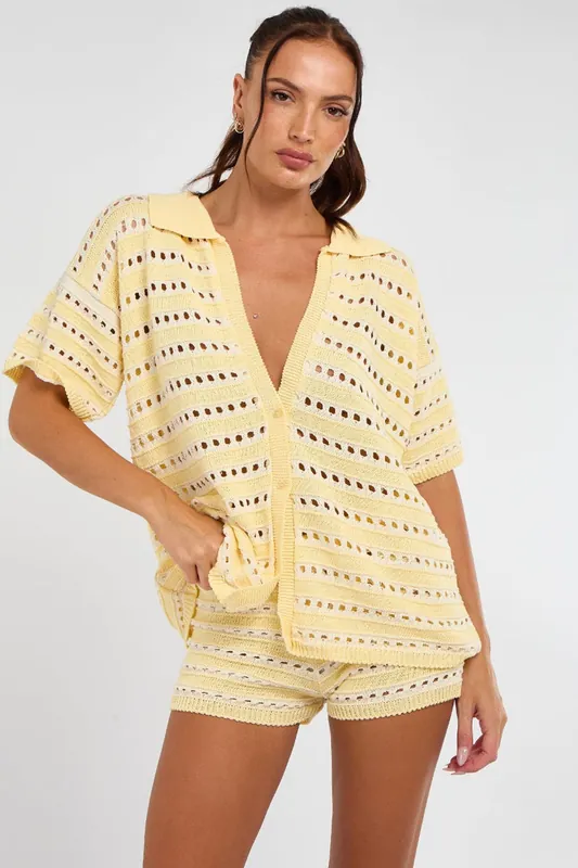 Stripe Crochet Knit Button Cardigan Top and Micro Shorts Co-ord