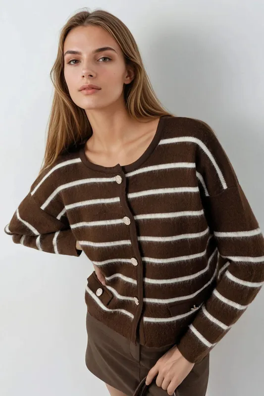 Striped Ribbed Knit Cardigan with Button Closure - MyFashion