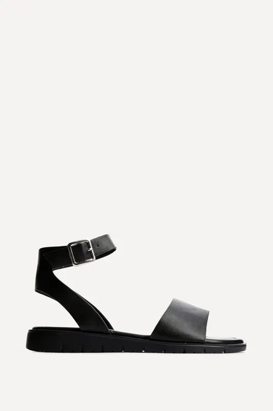 Nora Black Faux Leather Flat Sandals - Linzi
