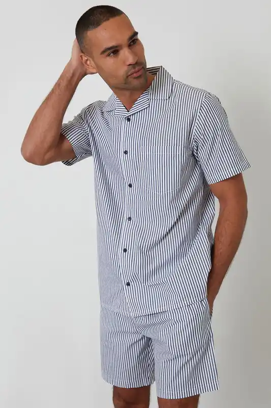 Cotton Stripe Short Sleeve Shirt & Shorts Pyjama Set - Threadbare