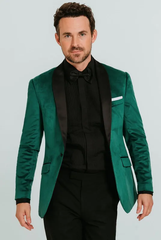 Dark Green Slim Fit Contrast Shawl Lapel Velvet Jacket - Dobell