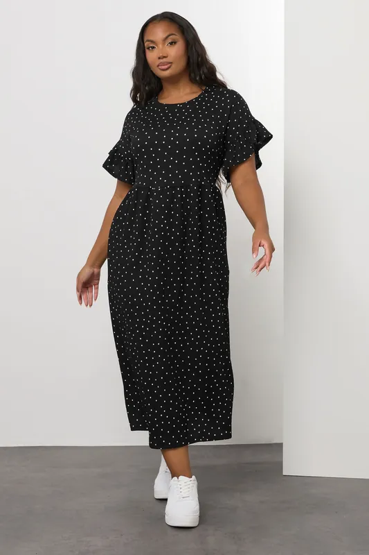 Polka Dot Frill Sleeve Midi Dress - Yours