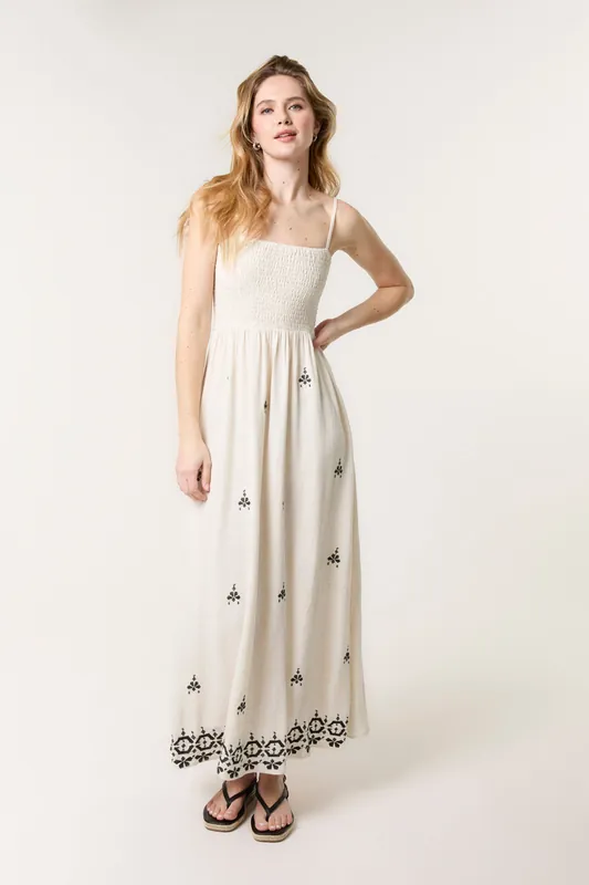 Off White Shirred Bandeau Linen Maxi Dress - Blue Vanilla