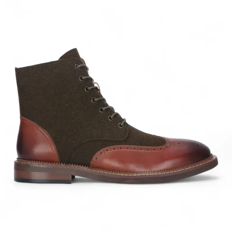 Justin Reess Khaki Brogue Leather Ankle Boots - Clifford
