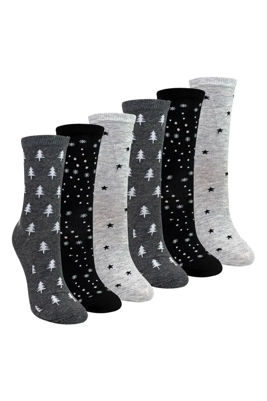 6 Pairs Ladies Stars Trees Pattern Cotton Socks - Sock Snob