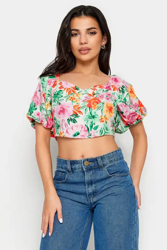 Petite Floral Print Puff Sleeve Crop Top - PixieGirl