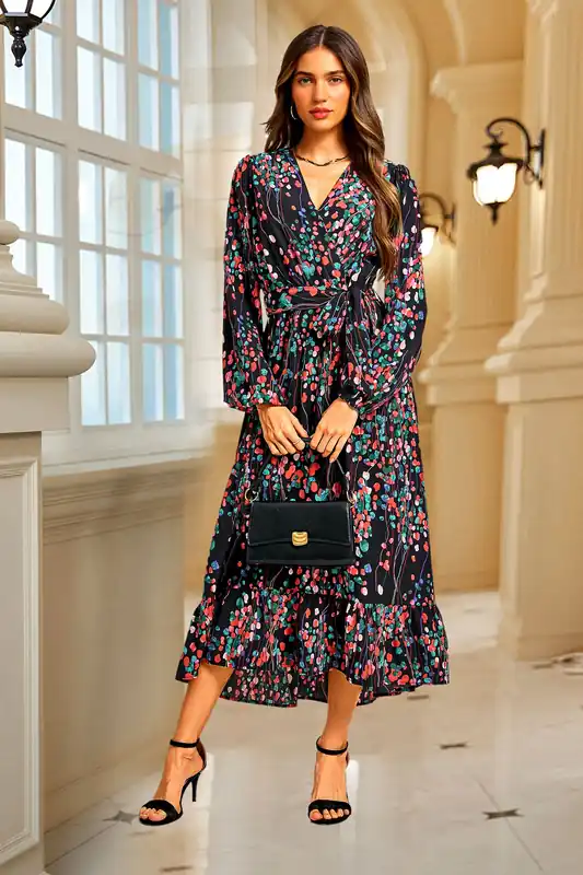 Abstract Floral Print Long Sleeve V Neck Wrap Top Midi Dress In Black - FS Collection