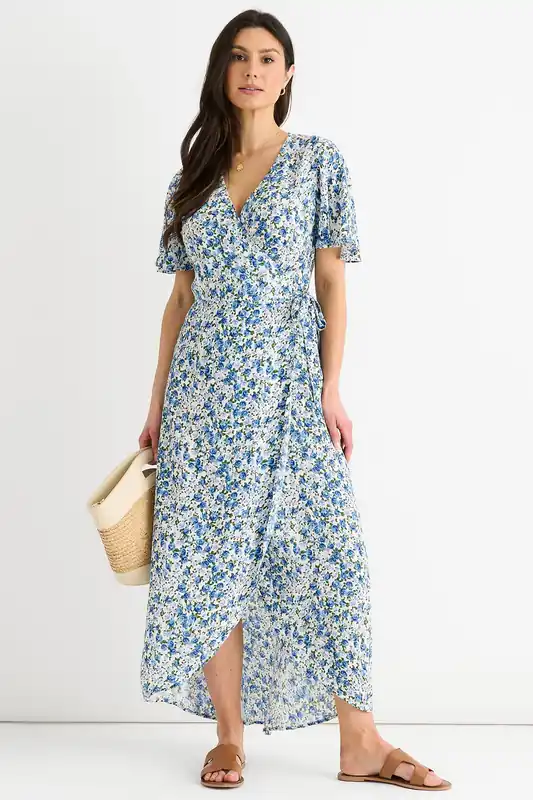 Blue Floral Wrap Midi Dress - Gini London