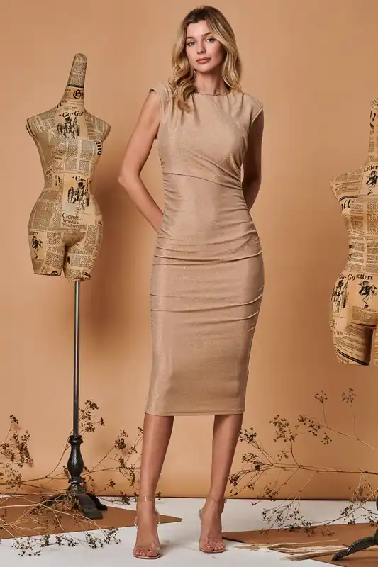 Metallic Sparkly Ruched Bodycon Dress - Jolie Moi