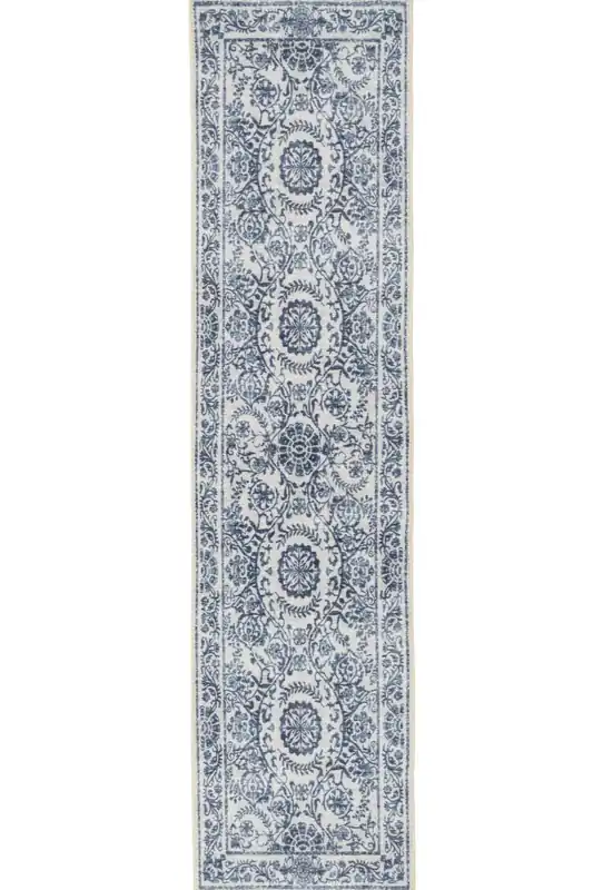 Beige Blue Distressed Hallway Runner Rug Non Slip & Washable - Kukoon