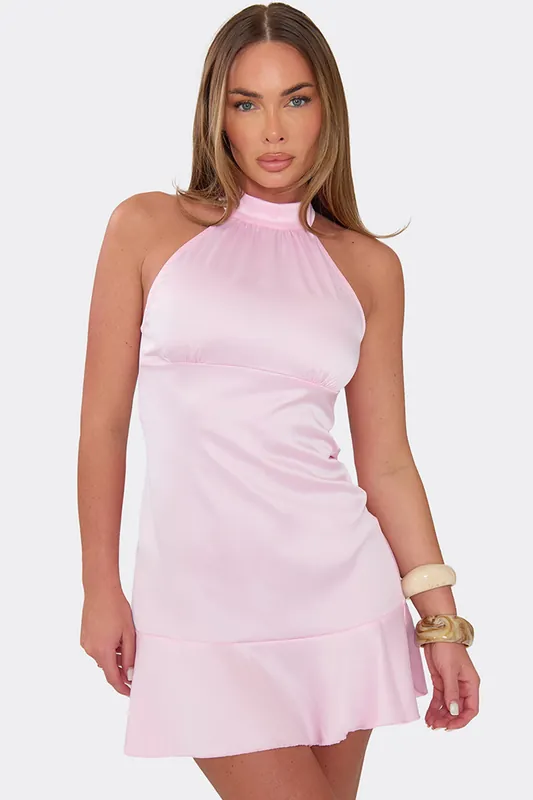 Sleeveless Frill Trim Satin Mini Dress - EGO