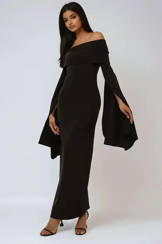 Exclusive Tailored Off Shoulder Bodycon Maxi Dress with Slit - Hiccup