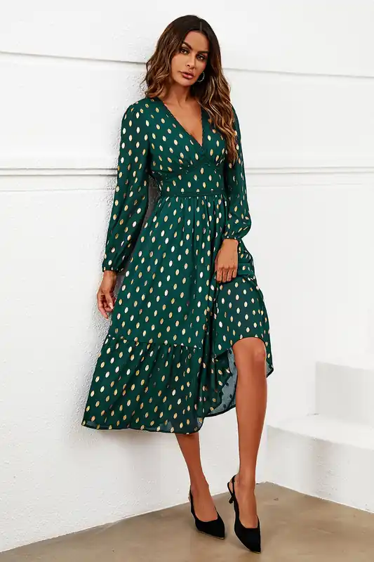 Gold Foil Lace Trim Long Sleeve Midi Dress - FS Collection