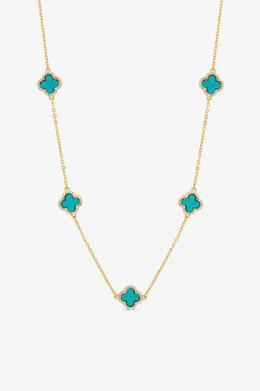 Gold Plated and Turquoise Station Clover Necklace - Jon Richard