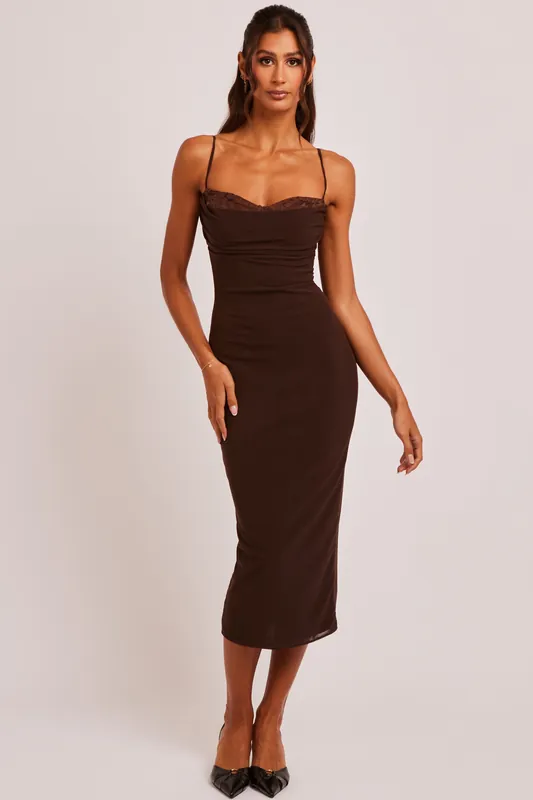 Kimaya Chocolate Brown Lace Bustier Midaxi Dress - Jaded Rose