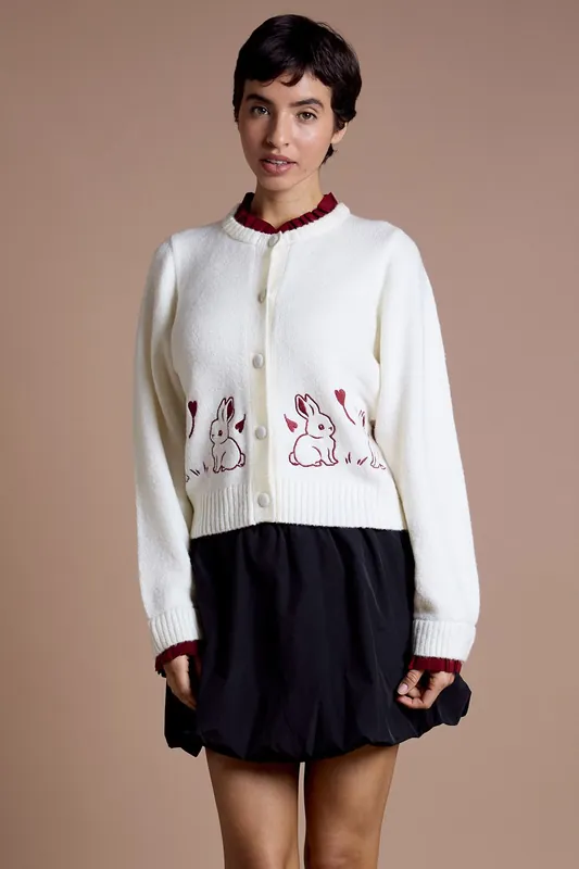 Contrast Trim Bunny Embroidered Cardigan - Neon Rose