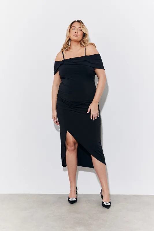 Black Magic Sculpting Strappy Bardot Midi Dress - In The Style