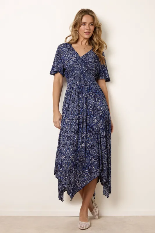 Navy Shirred Waist Hanky Hem Paisley Print Dress - Blue Vanilla