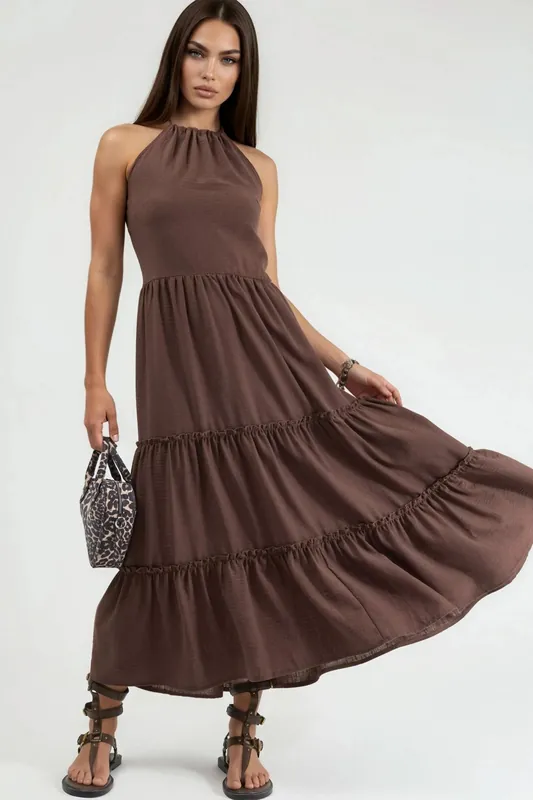 Frilly Halter Neck Maxi Dress - Busem