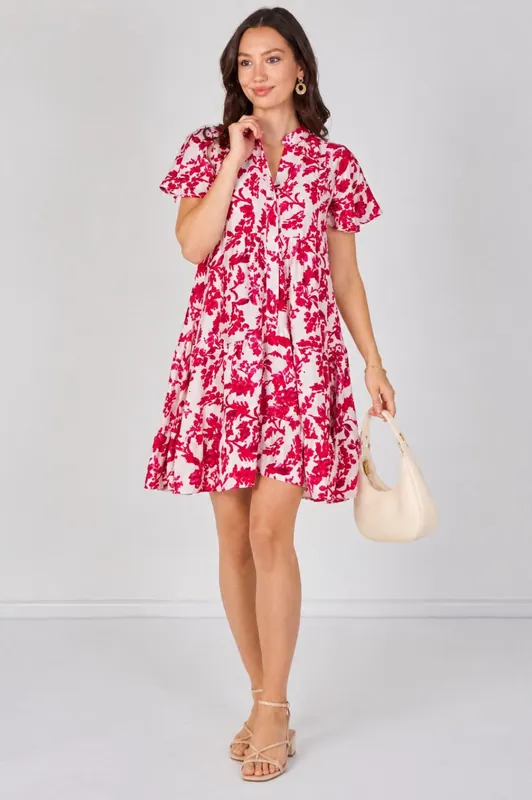 Fuchsia Floral Print Tiered Mini Dress - Love Sunshine