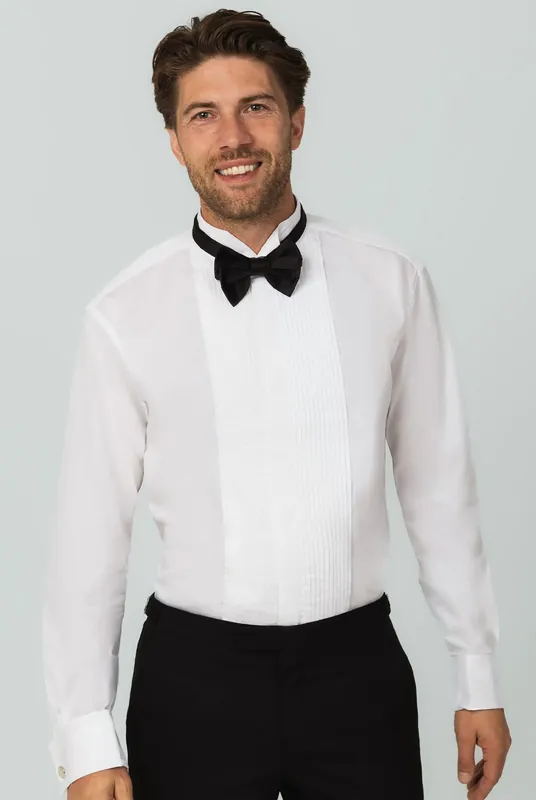 White Pleated Front Slim Fit Wing Collar 100% Cotton Dress Shirt - Dobell